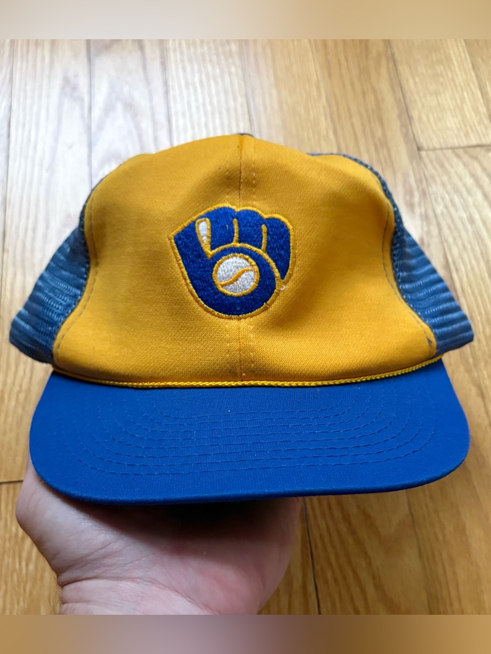 Vintage 80s Milwaukee Brewers McDonalds Trucker Snap Back Hat Cap Blue Yellow